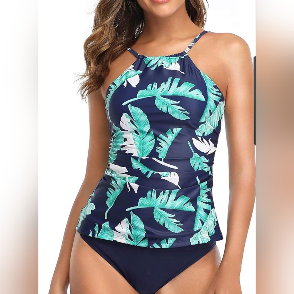 Tempt Me Leaf Print Tankini With Runched Sides Size Large